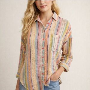 Pilcro Anthropologie Multi Color Stripe Shirt Boyfriend Oversized Size XXS XS